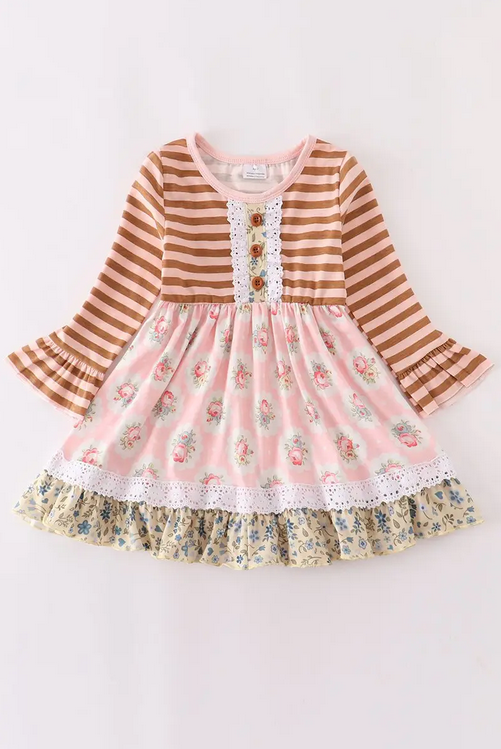 Pink Stripe Floral Ruffle Dress