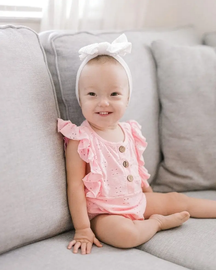 Denise Button Romper - Pink Eyelet