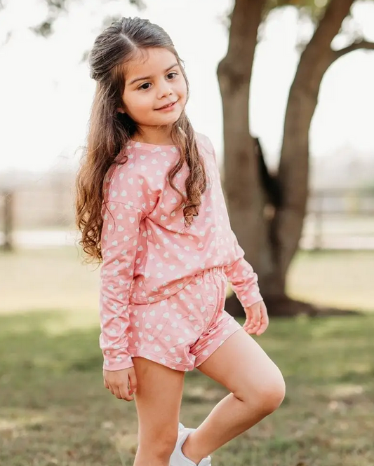Pearl Two Piece Lounge Set - Pink w/ White Hearts
