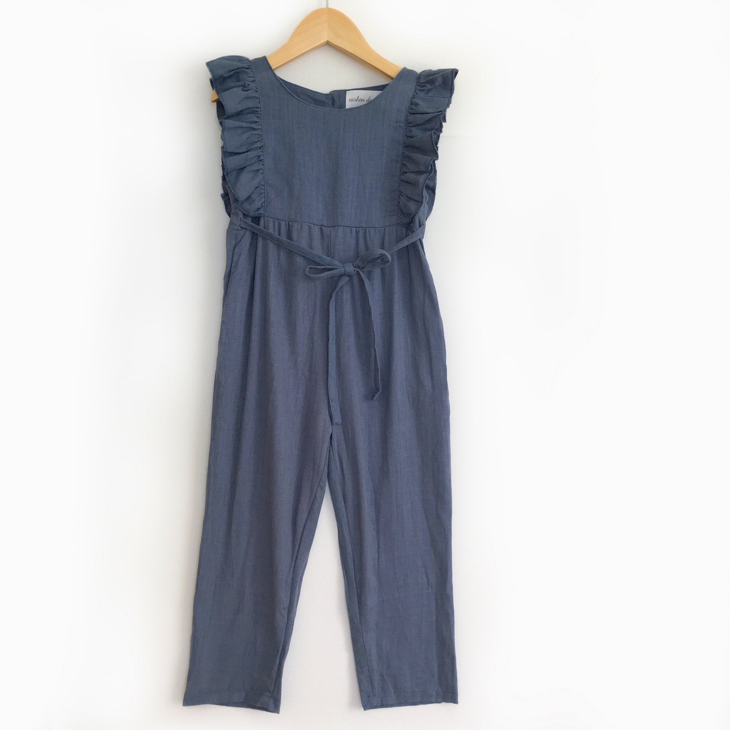 Navy Blue Linen Ruffle Pants Romper