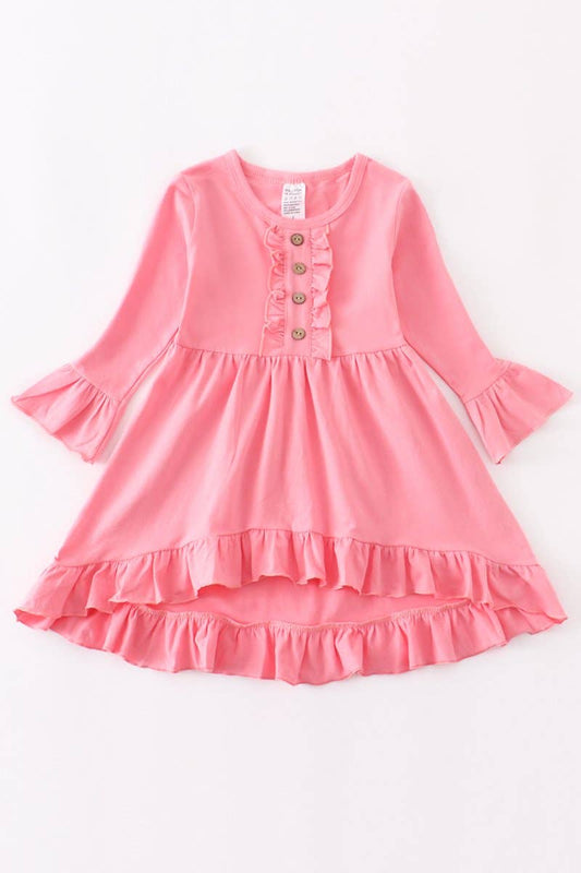 Pink Ruffle Dress with Button Accent