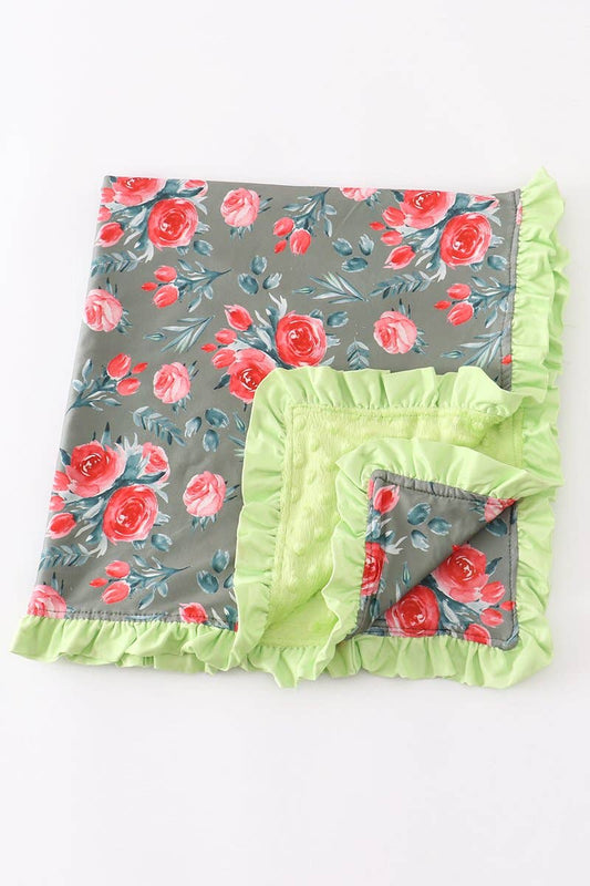 Green Gray Floral Minky Blanket
