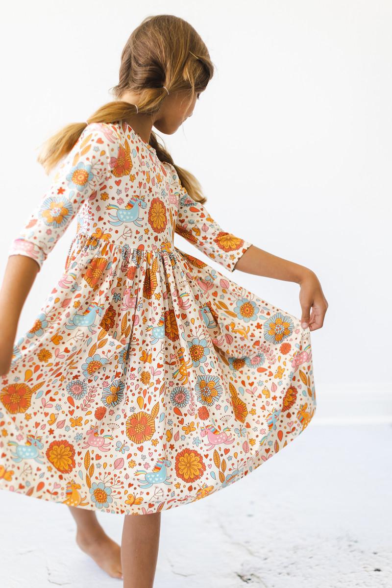 Retro Unicorn 3/4 Sleeve Twirl Dress