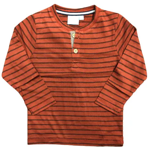 Long Sleeve Stripe Henley - Rust