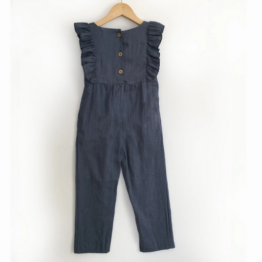 Navy Blue Linen Ruffle Pants Romper