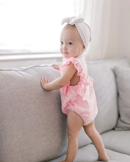 Denise Button Romper - Pink Eyelet