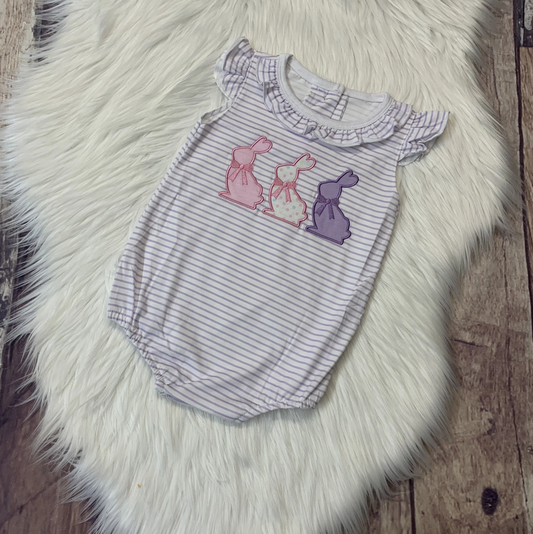 Ruffle Sleeve Purple Striped Embroidered Bunny Bubble Romper