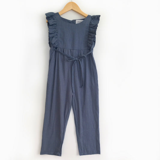 Navy Blue Linen Ruffle Pants Romper