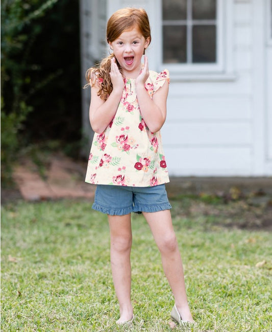 Light Wash Demim Ruffle Shorts