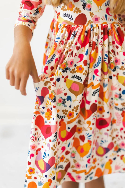 Little Red Hen 3/4 Sleeve Twirl Dress
