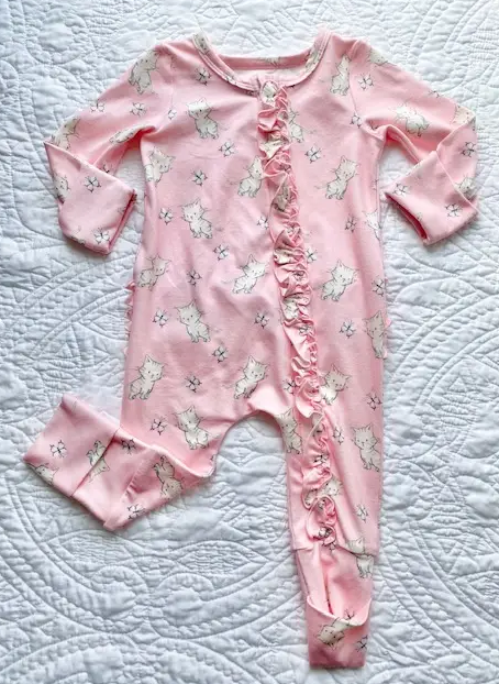 Cute Kitten Ruffle Bamboo Footless Baby Romper