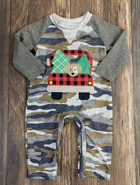 Grey Camo Christmas Truck & Puppy Romper